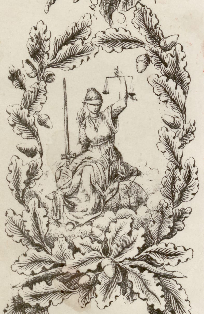 Lady Justice in the left hand border is blindfolded to denote her objectivity and impartiality. In her left hand, she holds a balance scale to weigh the merits and deficiencies of arguments laid before her. In her right hand, she is armed with a double-edged sword that represents the power of reason and justice.