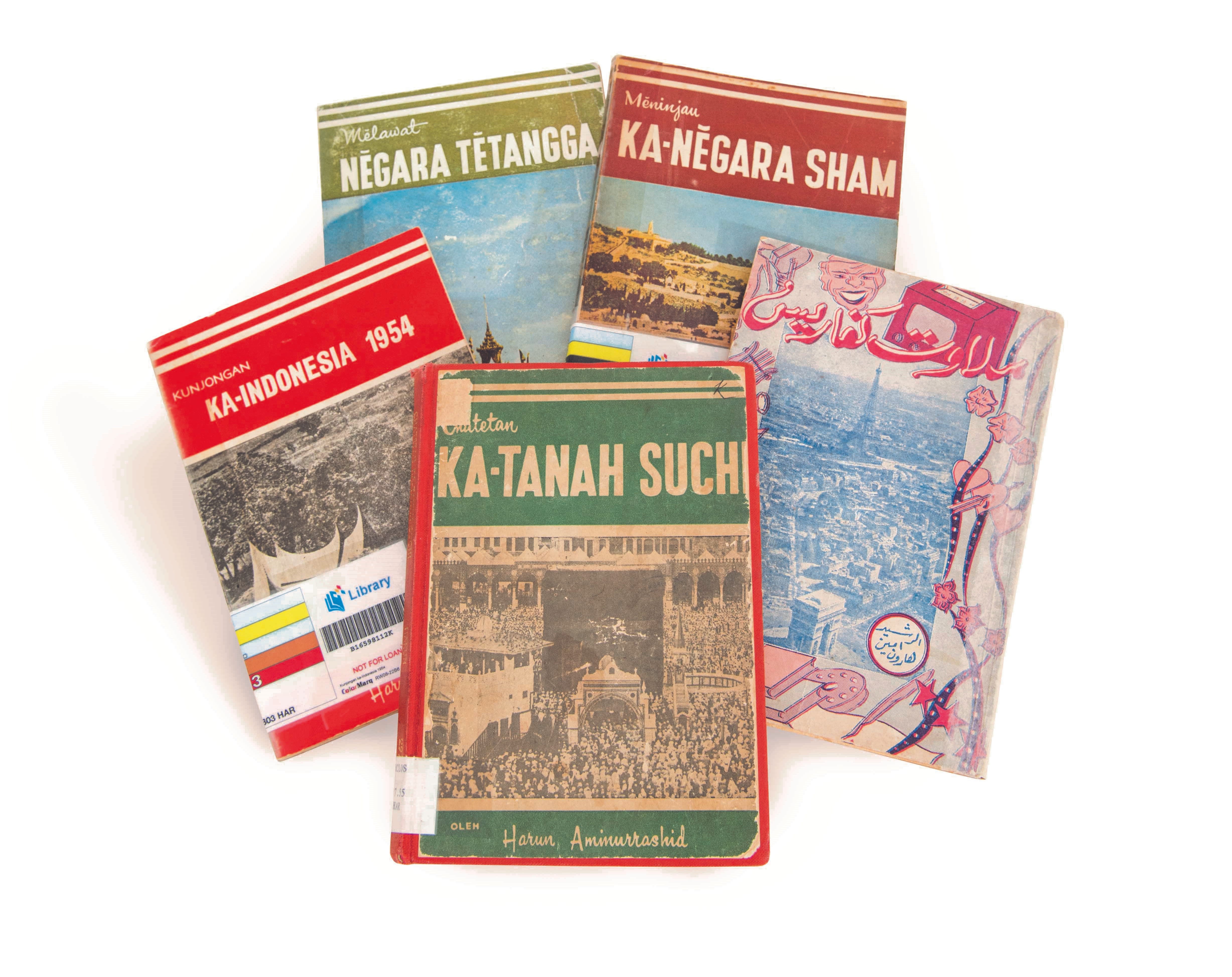 (Clockwise from top left) Melawat Negara Tetangga, Meninau Ka-Negara Sham, Melawat KB-Paris, Chatetan Ka-Tanah Suchi and Kunjongan Ka-Indonesia 1954 were all written by Harun Aminurrashid.