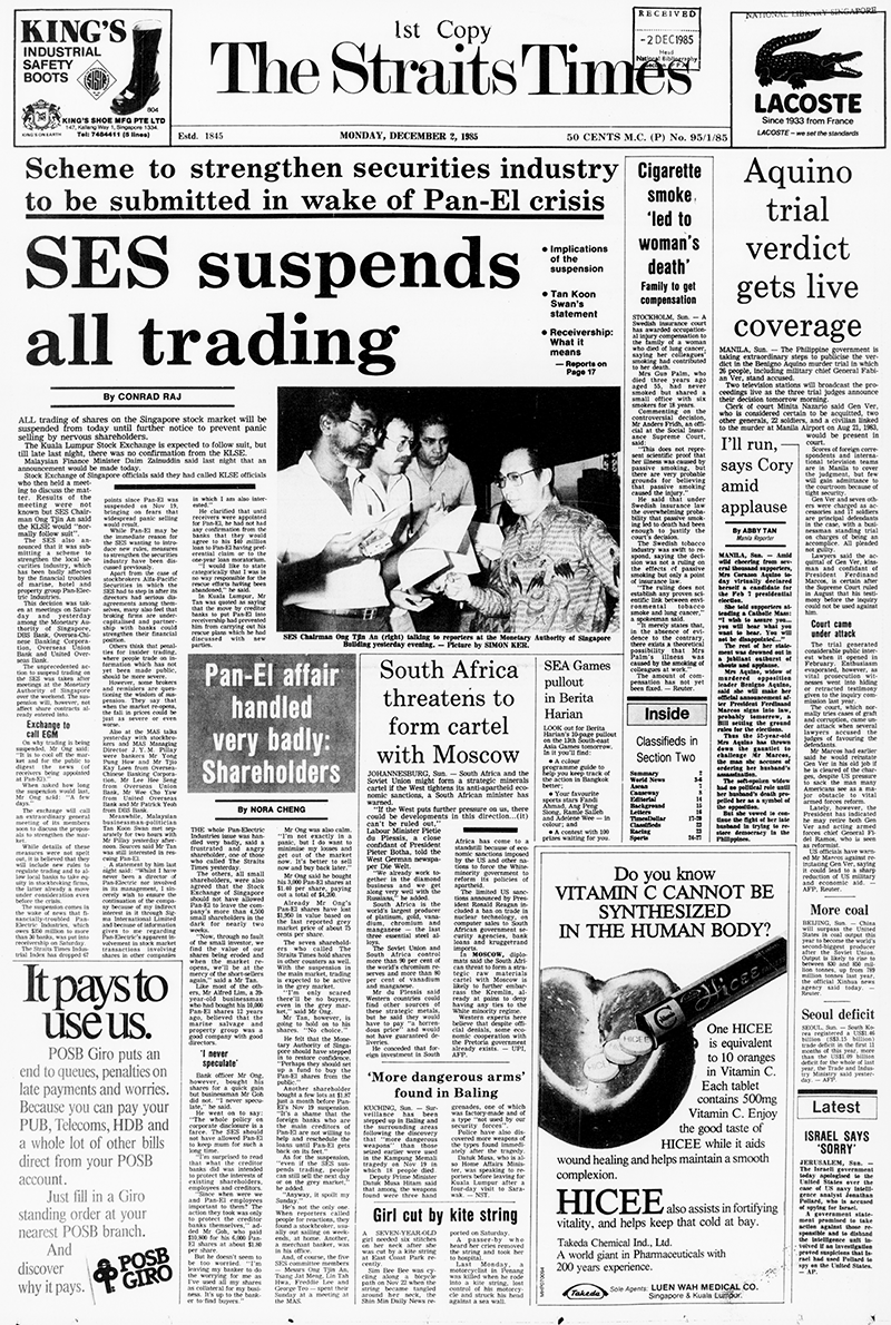 The Straits Times announcing the closure of the Stock Exchange of Singapore. Source: The Straits Times, 2 December 1985, 1 © SPH Media Limited. Permission required for reproduction.