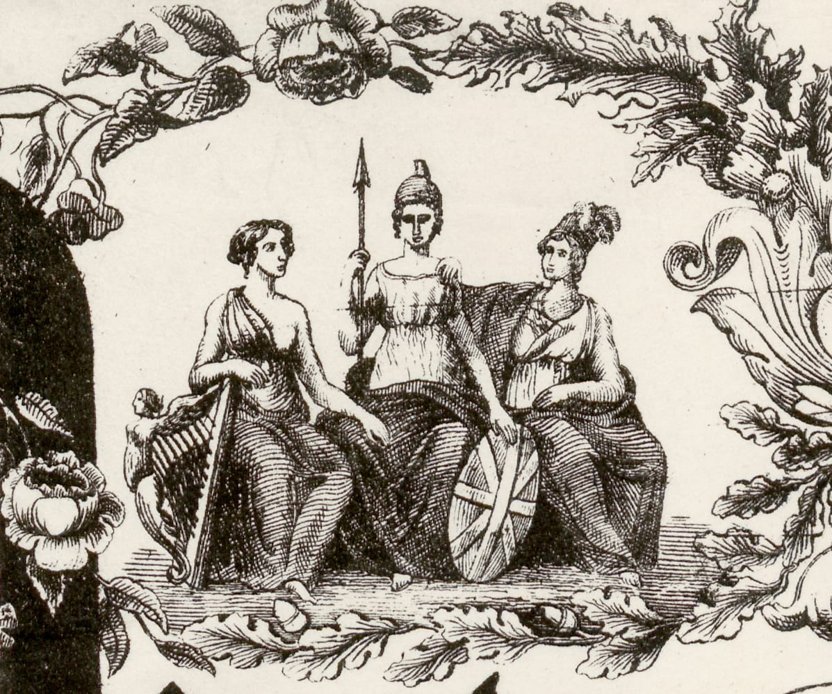 On the top left corner of the document is an image of the three women of antiquity garbed in Greco-Roman attire. The first woman on the left holding a harp represents Hibernia, the Latin name for Ireland. In the middle is Britannia – wearing a Greek Corinthian helmet and bearing a shield and spear – who personifies the united kingdoms that form Great Britain. The last woman with a feathered cap represents Caledonia, the Latin name for Scotland.
