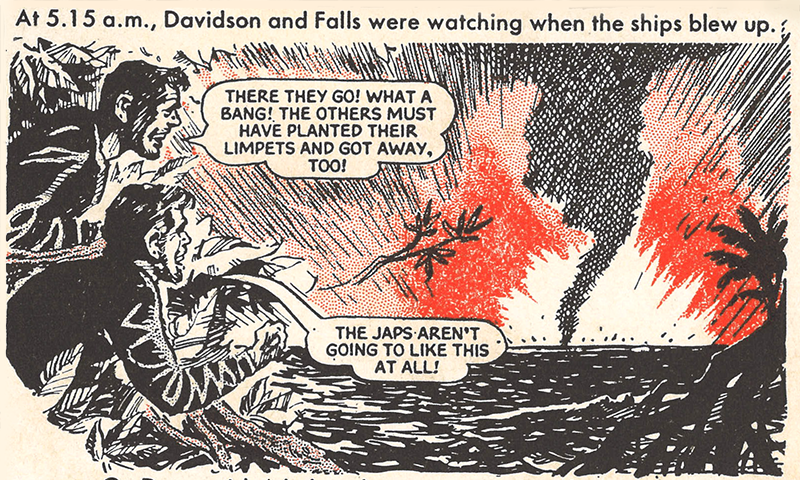 The mines on the Japanese ships go off at 5.15 am on 27 September 1943. Image reproduced from The Victor Book for Boys: The Commandos at Singapore, p. 13.