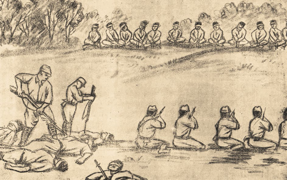 A drawing from Chop Suey, part of a four-volume book of illustrations by the artist Liu Kang that offers a rare insight into how people in Singapore were persecuted and tortured by the Japanese during the Occupation years. This scene depicts an execution scene from Operation Sook Ching (or “purge through cleansing”). Chinese males perceived to be anti-Japanese were rounded up and taken to deserted spots to be killed. All rights reserved, Liu, K. (1946). Chop Suey (Vol. I). Singapore: Eastern Art Co.