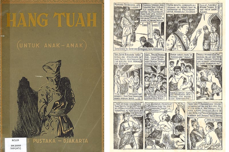 Hang Tuah (Untuk Anak-Anak) is believed to be the first Malay comic published in Indonesia. Image reproduced from Nasjah Djamin, Hang Tuah (Untuk Anak-Anak) (Djakarta: Balai Pustaka, 1951). (From National Library, Singapore, call no. RCLOS 398.209595 NAS-[ACL]).
