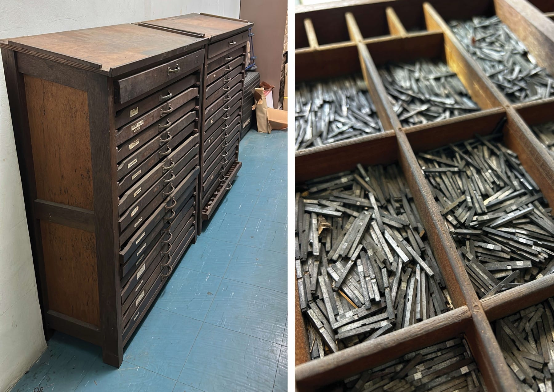 A set of vintage drawers for letterpress type on the left; close-up of type pieces in wooden compartments on the right.