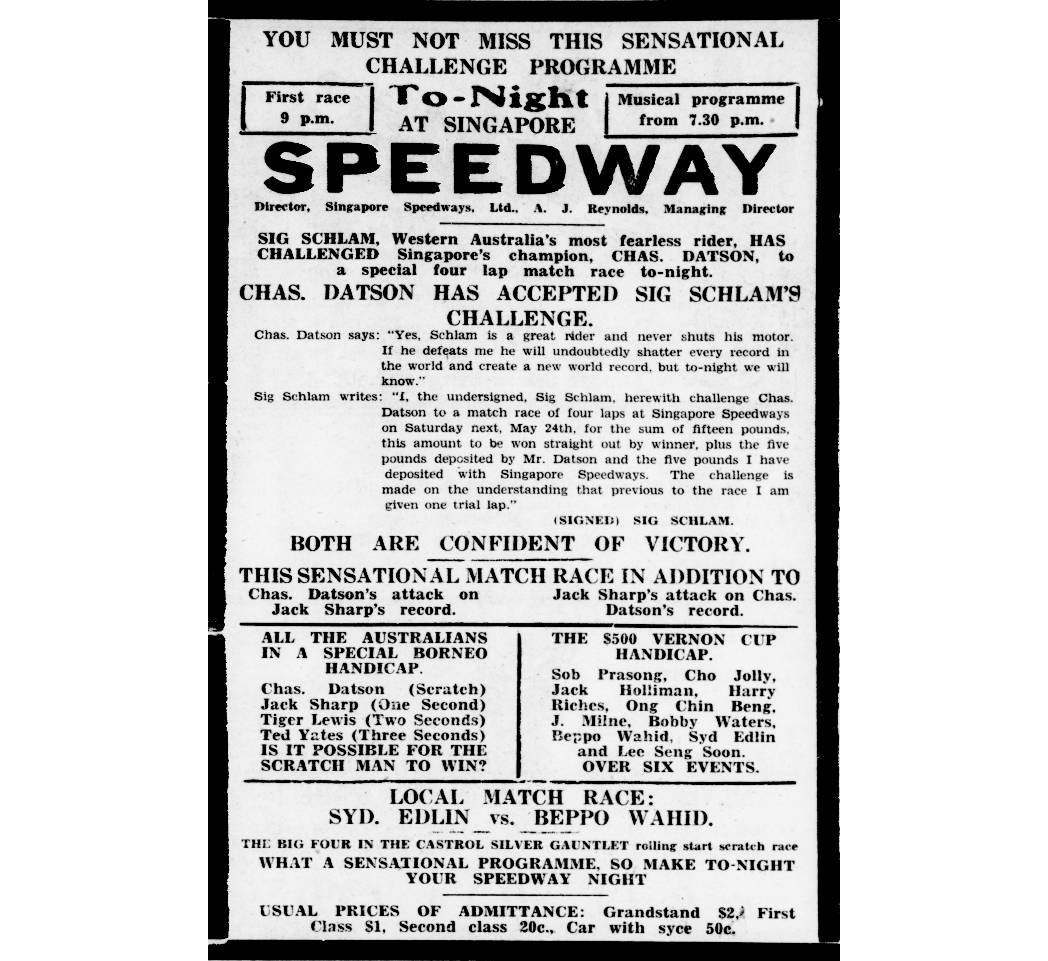 The Singapore Speedway advertising the match between Charles Datson, Singapore’s champion, and Sig Schlam, Western Australia’s “most fearless” rider. The men will compete in a special four-lap match. Image reproduced from “To-Night at Singapore Speedway,” Singapore Free Press and Mercantile Advertiser, 24 May 1930, 9. (From NewspaperSG).