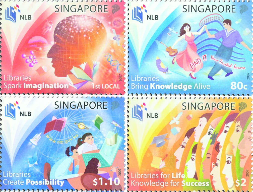 Issued on 12 November 2007, this set of four stamps commemorates the new knowledge framework proposed by the National Library Board’s vision and strategy: to ensure that Singapore’s “published heritage is preserved” and “knowledge remains readily accessible to all Singaporeans for their lifelong learning”. Courtesy of Singapore Philatelic Museum.