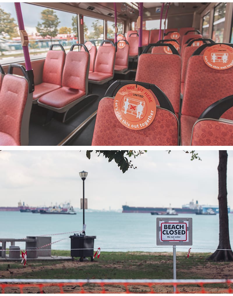 Safe-distancing markers on a public bus, 9 May 2020 (top), and closure of the beach at East Coast Park, 27 April 2020 (bottom). These photos are part of a series about the circuit breaker titled “A Broken Circuit: Singapore Amidst  Covid-19”. Photos contributed by Sebastian Soong.
