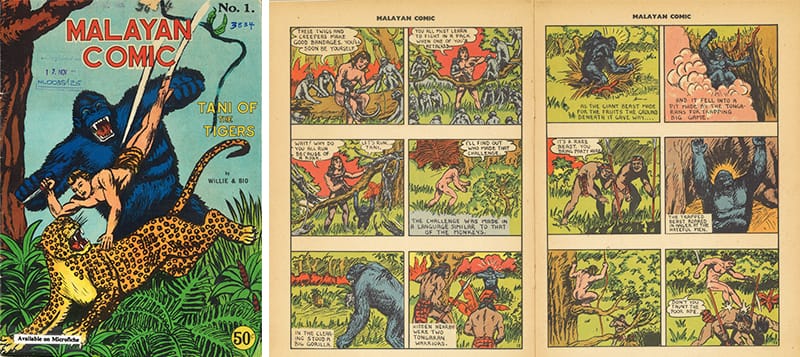 Tani is an orphaned child raised by tigers in the Pahang jungle of Malaya and who is able to converse with animals. Images reproduced from Willie and Bio, Tani of the Tigers (Singapore: Keng Yan Leng, [19--]). (From PublicationSG).