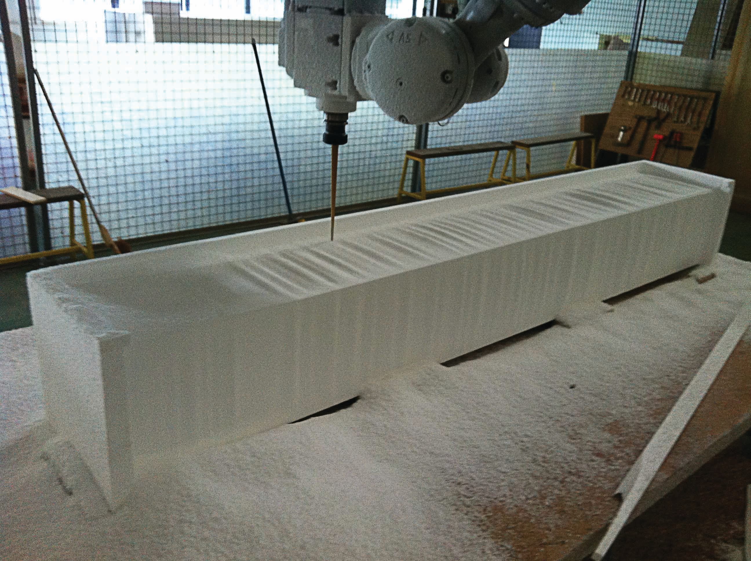 A polystyrene block is given a textured surface in Jeremy Sharma’s Outliers (2014–2015).