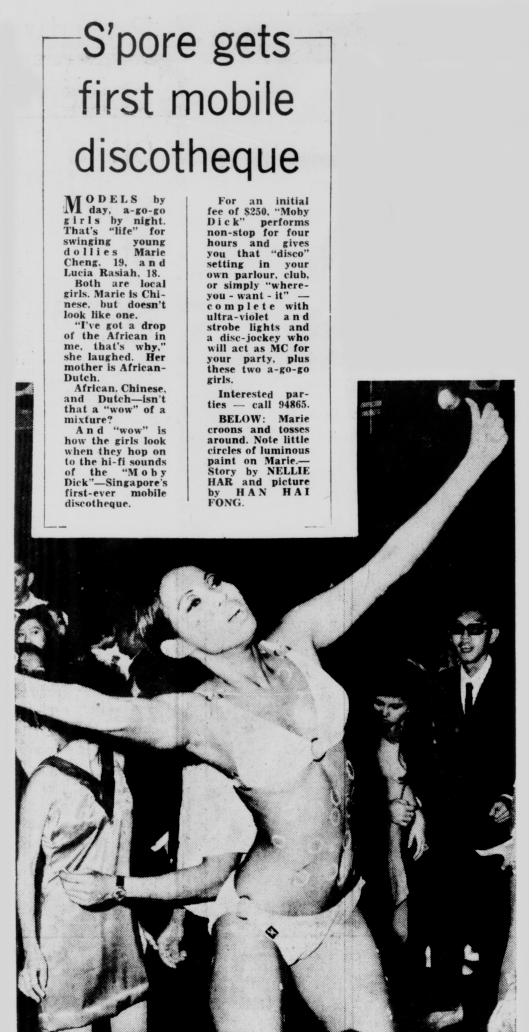 Bikini-clad a-go-go girls and DayGlo body painting were part of the package offered by Moby Dick, Singapore’s first mobile discotheque. Image reproduced from The Straits Times, 20 September 1970, p. 6.