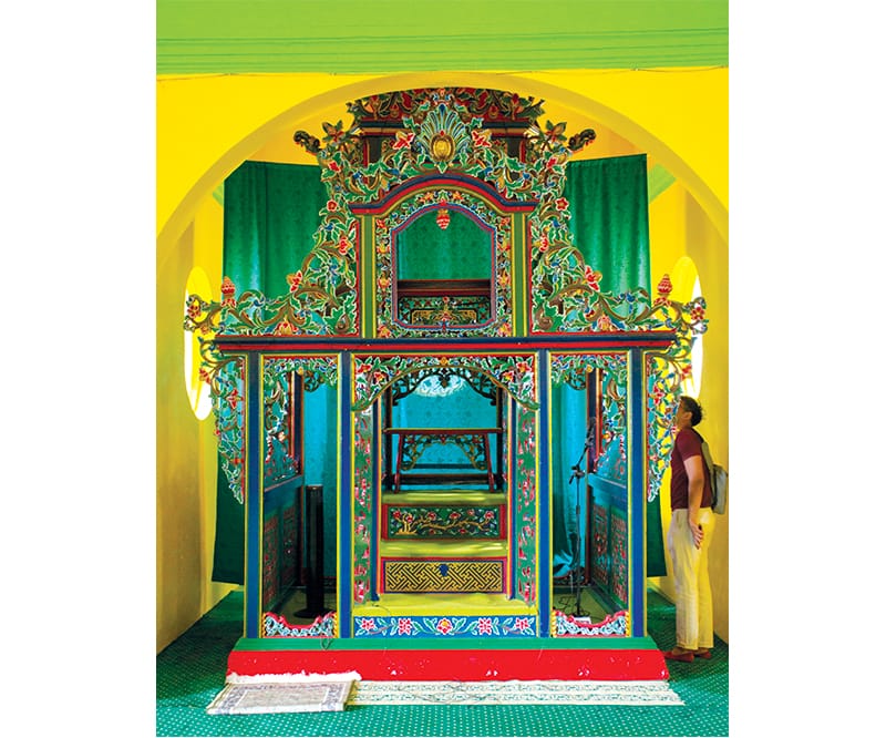 The elaborate minbar (pulpit) inside Masjid Sultan Lingga. It is more than 200 years old, and bears Chinese and European elements. Courtesy of Marcus Ng.