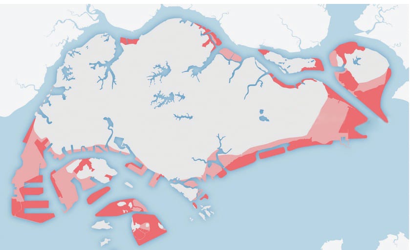 Since the first reclamation works began in 1822, Singapore’s land area has expanded by almost 25 percent from 58,150 to 71,910 hectares. The areas shaded in pink indicate how much has been reclaimed thus far. The areas in red show possible plans for future reclamation and indicate how much of the island’s original coastline may change by 2030 if these plans come to fruition. Map source: https://blogs.ntu.edu.sg/hp331-2014-10/?page_id=7