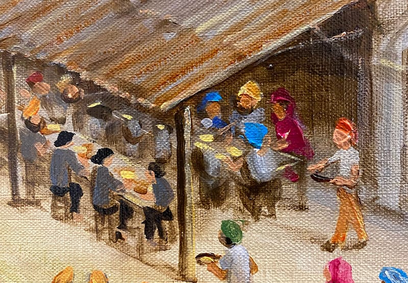 A Chinese convert to Sikhism (in orange turban) serving food at the Central Sikh Temple that used to be on Queen Street. Detail from “I Paint my Singapore”. Photo by Jimmy Yap.