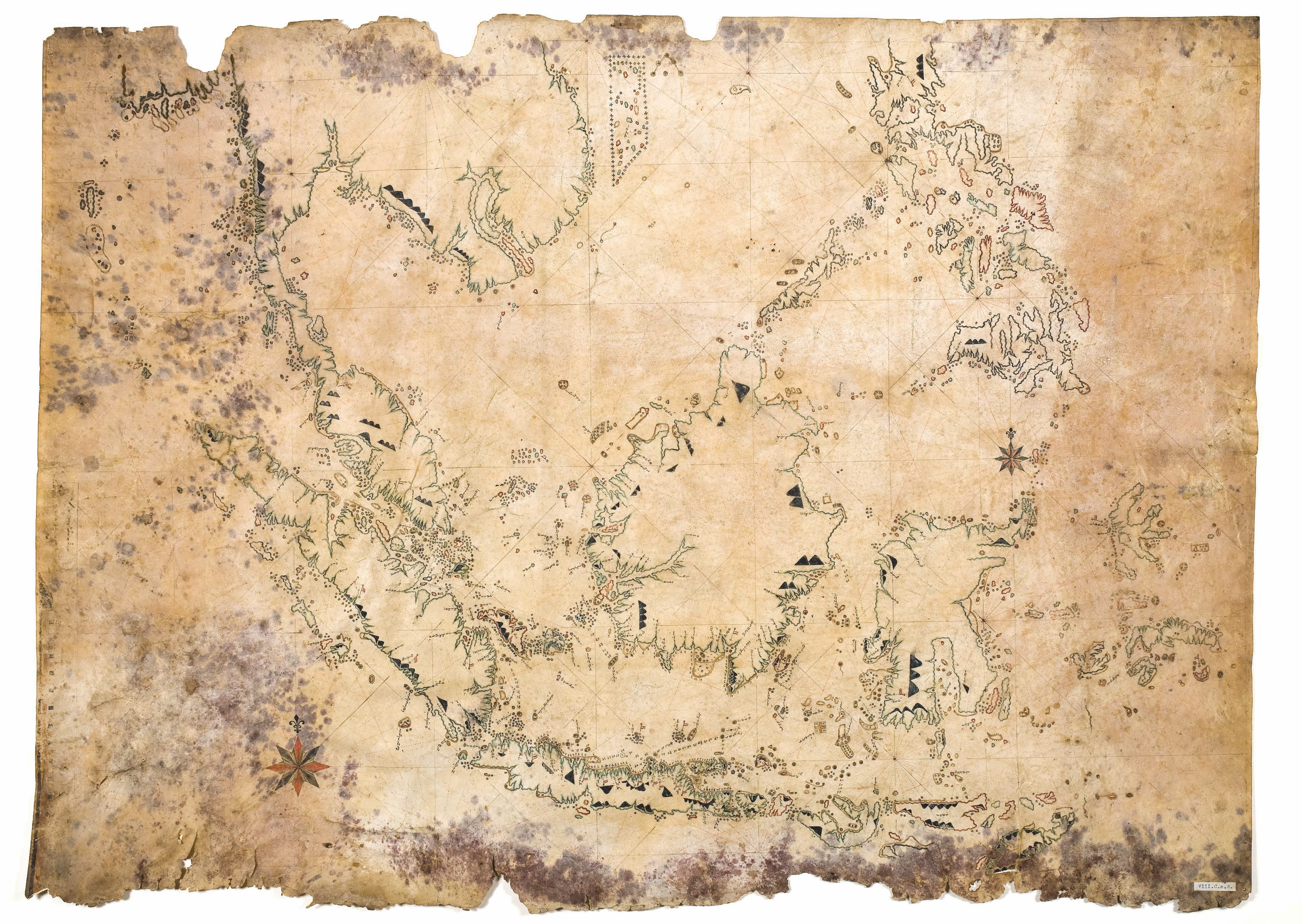 This 19th-century chart with place names written in Bugis script is a rare example of an extant map of the region drawn by an unnamed Southeast Asian cartographer. Some early maps of the region drawn by Europeans are believed to have been based on indigenous maps and sources. In turn, indigenous cartographic traditions were also influenced by European maps of the time. This nautical chart, believed to a pirate's map, shows heavy borrowings from Dutch maps. Courtesy of Univeristy of Utrecht Library.