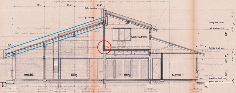 Upstand or inverted beams (circled in red) are used for the loft so that its beams are hidden above the general slab level, 1973. This allows the slab to be fully exposed below without any protruding structure. Without false ceilings, Lee Kip Lin could also fully display the roof construction, including its timber beams and rafters, (boxed in blue) above the living room and veranda, 1973. Lee Kip Lin Collection, National Library, Singapore.