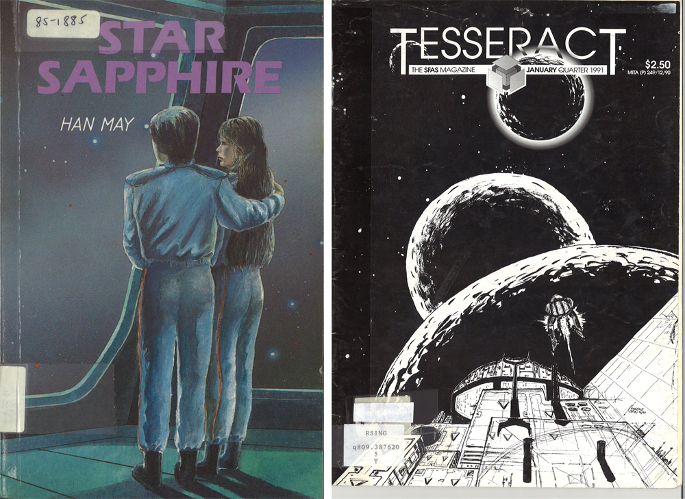 (Left) Star Sapphire is arguably the first Singaporean sci-fi novel. It was highly commended in the “Fiction in English” category of the National Book Development Council Book Awards in 1986. Pictured here is the cover of the first edition published in 1985. All rights reserved, Han, M. (1985). Star Sapphire. Singapore: Times Books International. Available via PublicationSG.(Right) Cover of the January 1991 (1st quarter) issue of Tesseract. A total of 10 issues were produced over a three-year period until the end of 1992. All rights reserved, Science Fiction Association (Singapore). (1990). Tesseract. Singapore: SFAS. (Call no.: R q809.3876205 T).