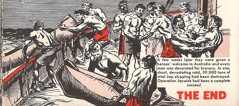 According to the comic, the men are given a heroes’ welcome upon their return to Australia. In reality, this did not take place. Image reproduced from The Victor Book for Boys: The Commandos at Singapore, p. 16.