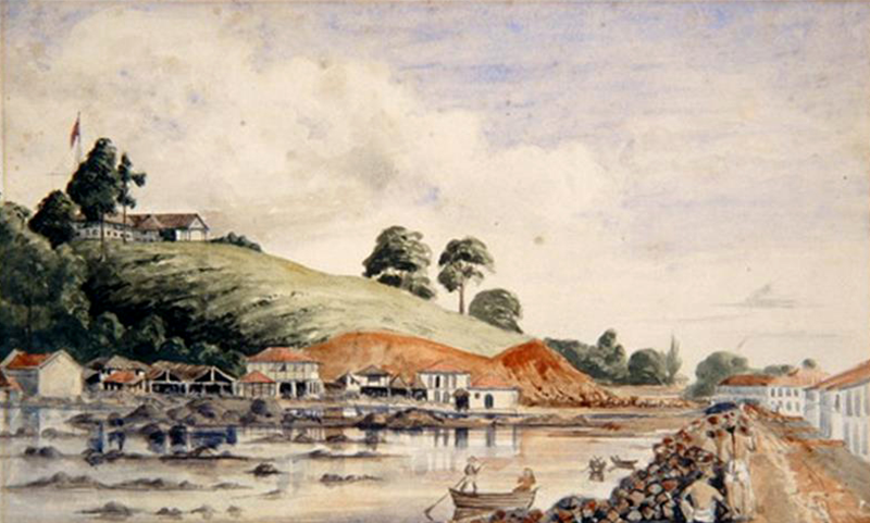 A watercolour painting titled “Government Hill from the New Harbour Road, Singapore” (1844) by Scotsman Charles Andrew Dyce. The Qing delegation visited Governor William Jervois at Government House on the hill. Collection of NUS Museum, courtesy of National University of Singapore.