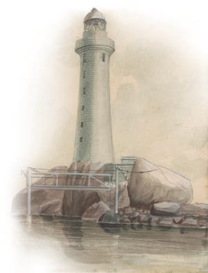 An 1851 painting of Horsburgh Lighthouse on Pedra Branca by John Turnbull Thomson, Government Surveyor for the Straits Settlements. The lighthouse, which was designed and built by Thomson in 1851, was named after James Horsburgh, a hydrographer with the East India Company. Courtesy of the National Museum of Singapore, National Heritage Board.