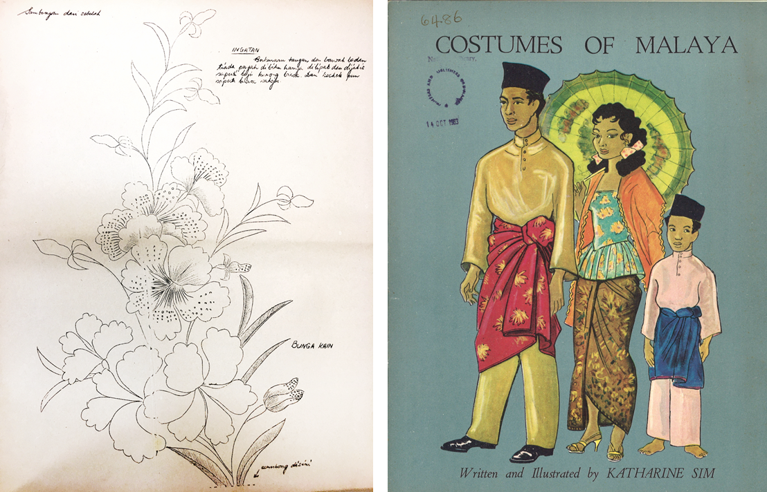 (Left) Baju Kurong Sulam Modern is a pattern book of popular embroidery designs inspired by flowers and birds. All rights reserved, Mahat. C. (1952). Baju Kurong Sulam Modern. Singapore: M. Salleh.(Right) This illustrated book provides vivid descriptions of the fashion scene and traditional attire worn by the different racial groups in post-war Singapore. All rights reserved, Sim, K. (1963). Costumes of Malaya. Singapore: Published by Donald Moore for Eastern Universities Press Ltd.