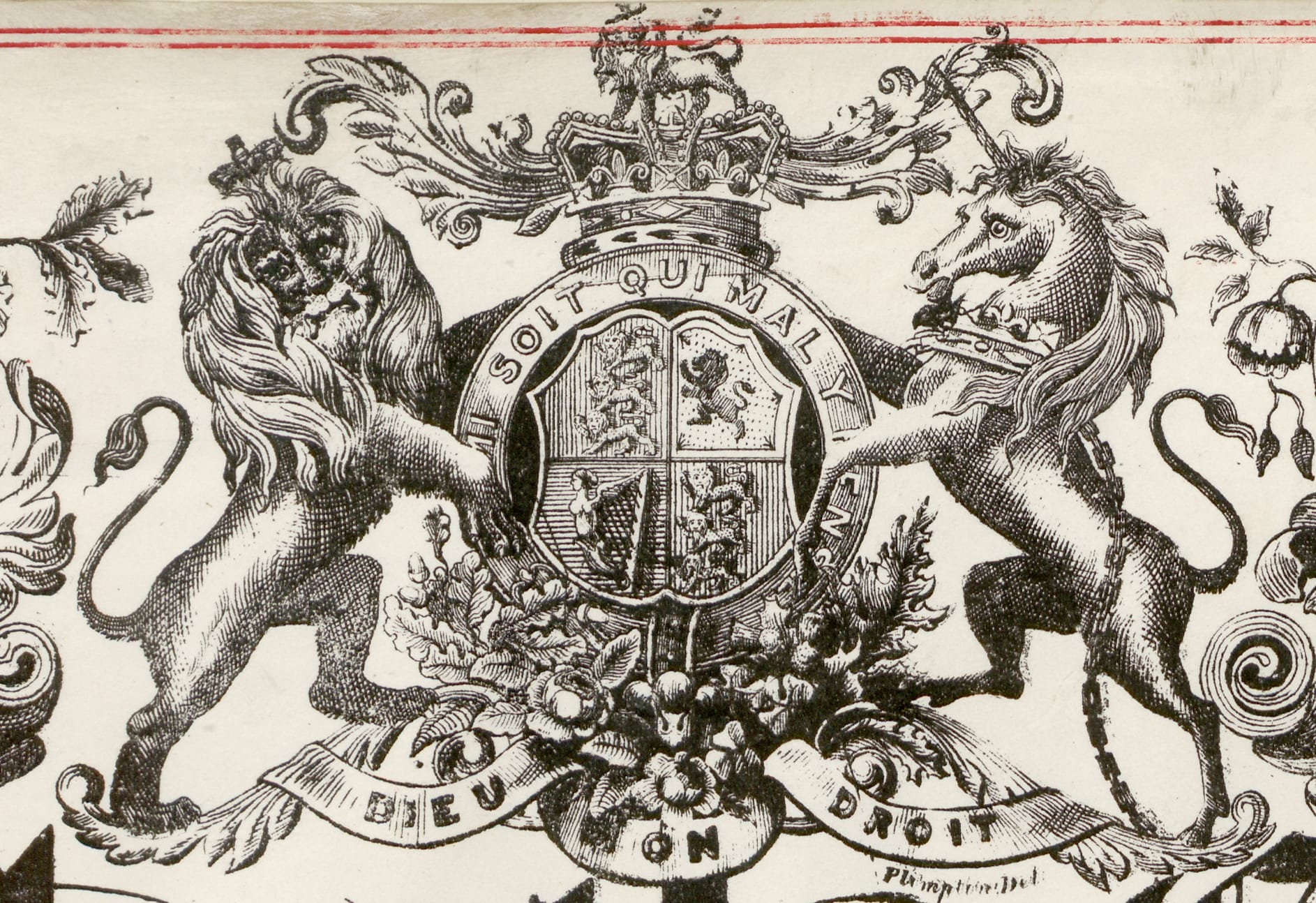 This royal coat of arms, which may only be used by the reigning monarch, takes centre stage at the top of the document. At the heart of the royal arms is a shield divided into four quadrants. The first and fourth quadrants each depict the three guardian lions that represent England, Normandy (northern France) and Aquitaine (southwestern France) – territories traditionally associated with the British Crown. The second contains a single lion rearing on its hind legs representing Scotland, while the third has a harp representing Ireland.