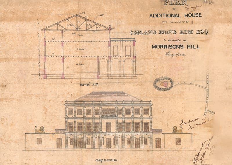Plan of a house on Morrison’s Hill for Cheang Hong Lim, 1884 (1/1884). This is the earliest plan in the Building Control Division Collection. Cheang (below) was a businessman and philanthropist after whom Hong Lim Park is named. Portrait of Cheang Hong Lim from Ministry of Information and the Arts Collection, courtesy of National Archives of Singapore; building plan from the Building Control Division Collection, courtesy of National Archives of Singapore.