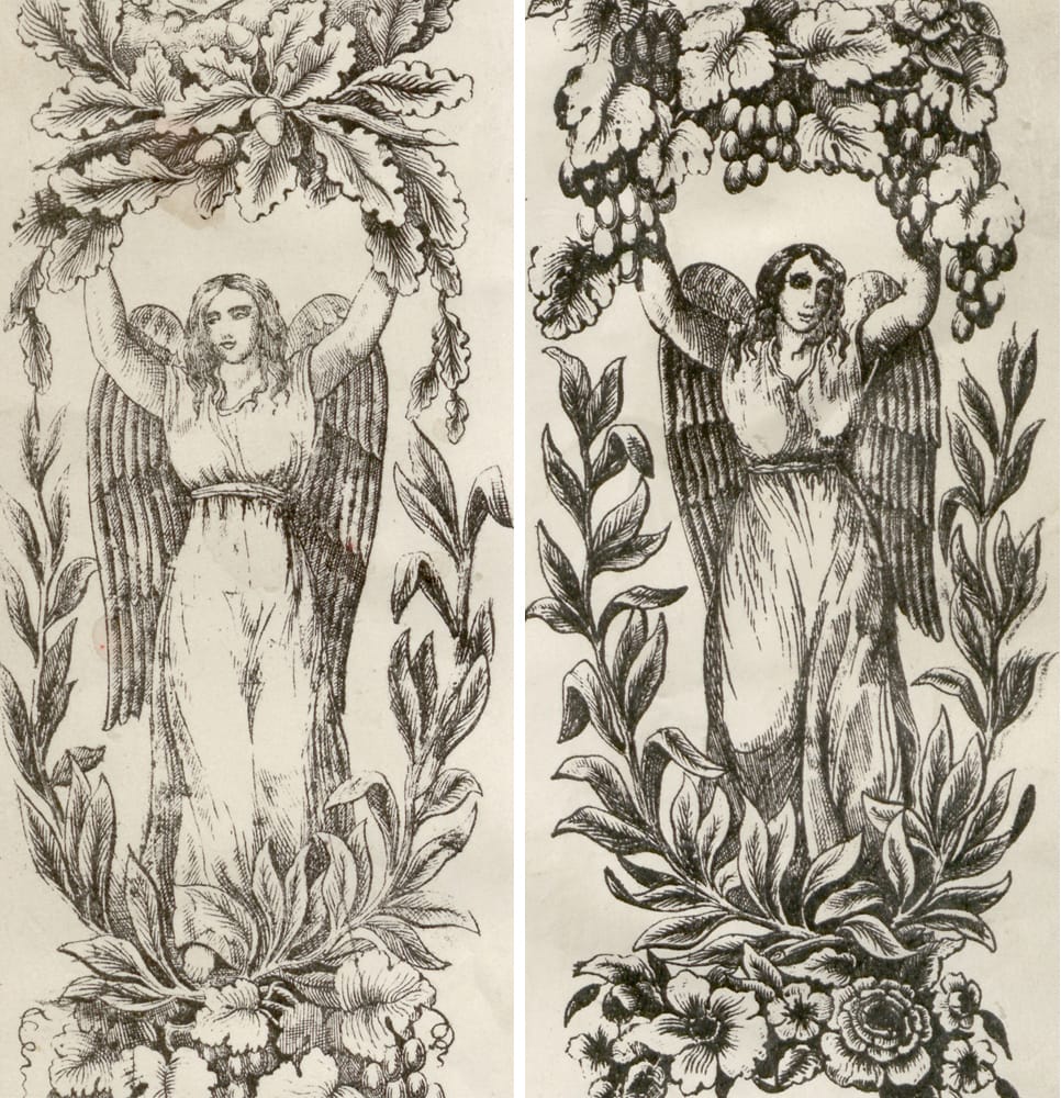 The two angels in the left and right hand borders are depicted holding their arms up in support, indicating the divine favour bestowed upon the British monarchy. The angels represent divine power, glory, honour and dignity, and are also regarded as bearers of joyful news. The angel in the left hand border is holding up a wreath of acorns symbolising antiquity and strength, while the other angel is holding up a wreath of pomegranates, symbolising fertility and abundance.