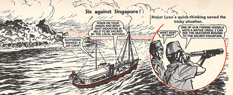 As the Krait sails past a Japanese base in broad daylight, Lyon instructs the men to kneel and bow towards the mountain behind the camp as it is considered sacred by the locals. Image reproduced from The Victor Book for Boys: The Commandos at Singapore, p. 8.
