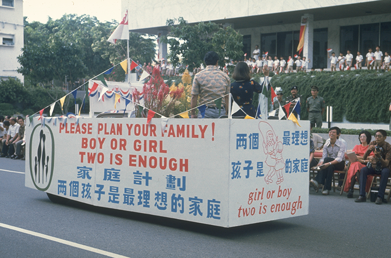 A National Day float encouraging the people to have only two children by the Singapore Family Planning and Population Board, 1975. Ministry of Information and the Arts Collection, courtesy of National Archives of Singapore.