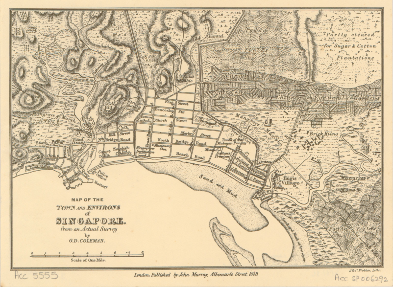 Detail of map (top) showing paddy fields, sugar and cotton plantations, and vegetable gardens as indicated in Map of the Town and Environs of Singapore from an Actual Survey (above, 1839) by G.D. Coleman. Collection of the National Archives of Singapore.