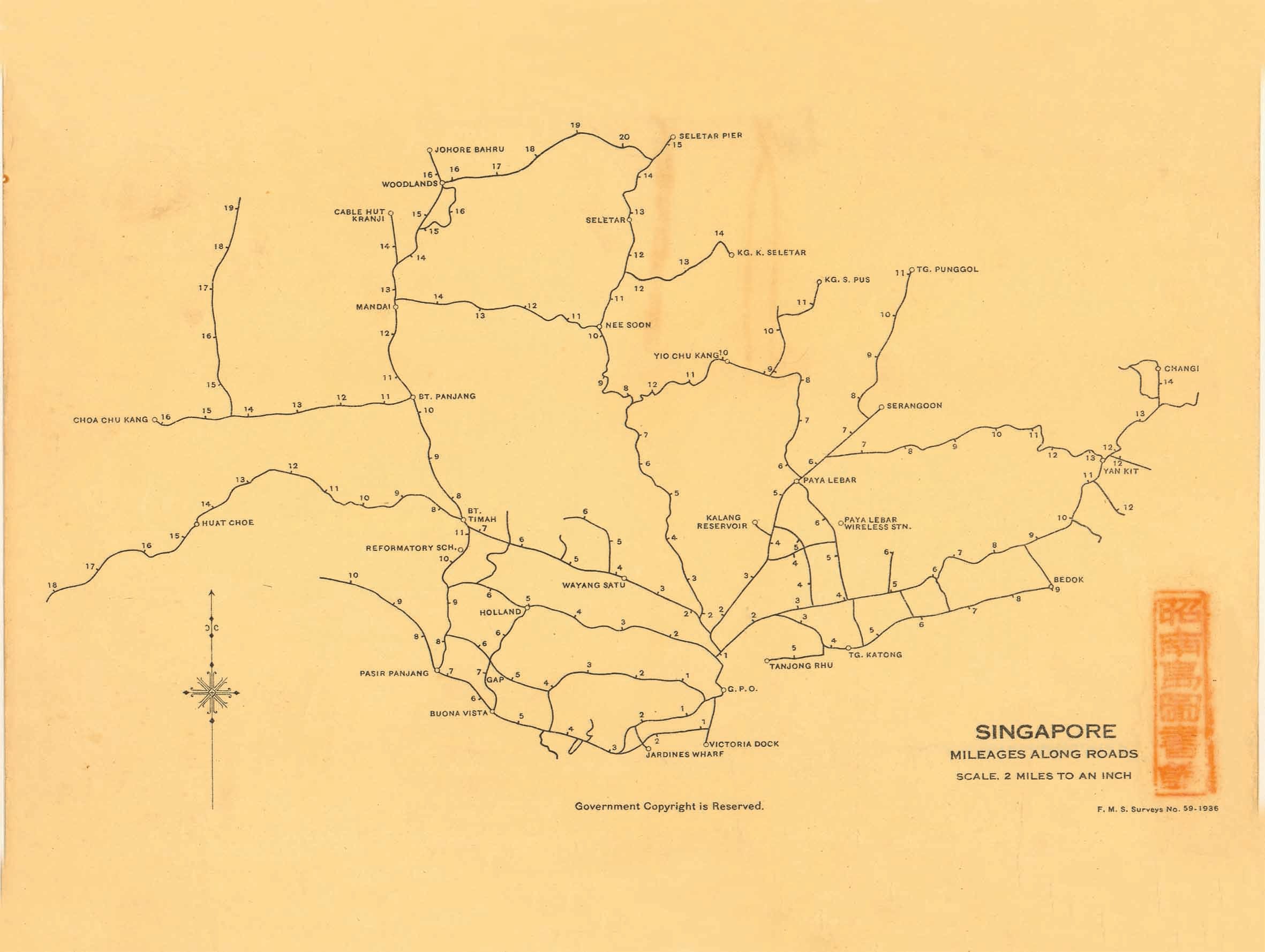 Thematic Map: "Singapore. Mileages Along Roads" was printed by the Federated Malay States Survey Department in 1936. This map measured the distance of key landmarks and districts across Singapore island. using the General Post Office in the Fullerton Building at Empress Place as its "zero-point". Survey Department, courtesy of National Archives of Singapore.