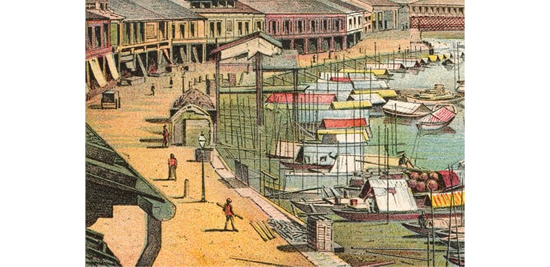 Detail from an illustration from the 1880s showing gas lamps along Boat Quay. The design of public lamps did not change much throughout the 19th century until the advent of electric lighting in the 20th century. Image reproduced from Moerlein, G. (1886). A Trip Around the World (p. 57). Cincinnati, Ohio: M. & R. Burgheim. Retrieved from BookSG. Collection of the National Library, Singapore. (Accession no.: B03351770D).