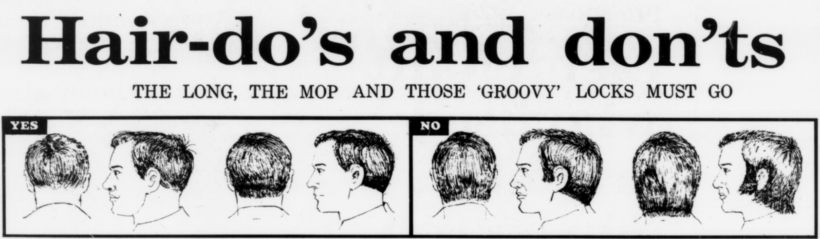 The sketches issued to vocational institutes and schools to serve as guidelines to staff and students on what was an acceptable hair length for boys. Source: The Straits Times, 24 November 1971 © SPH Media Limited. Permission required for reproduction.
