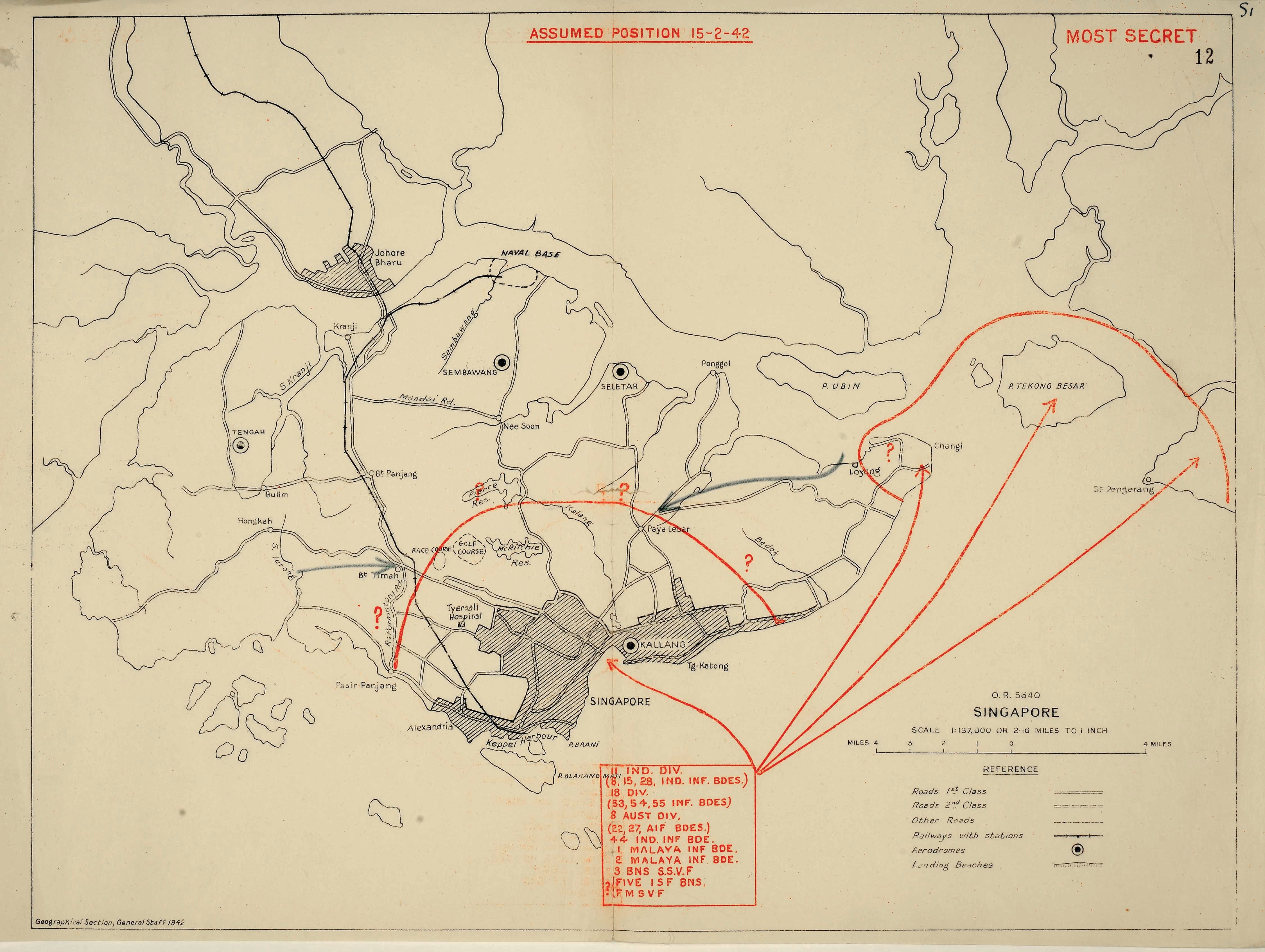 A military map of Singapore dated February 15, 1942, indicating divisions and anticipated positions in black and red lines.