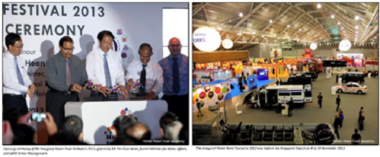 Left: Group cutting ribbon. Right: Auto show with vehicles and attendees indoors.