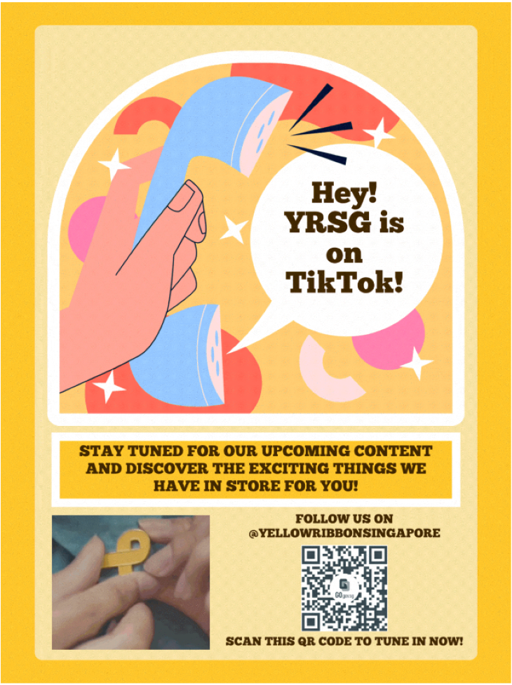 Poster for Yellow Ribbon Singapore (YRSG) on TikTok with blue phone, QR code, and hands with yellow ribbon.