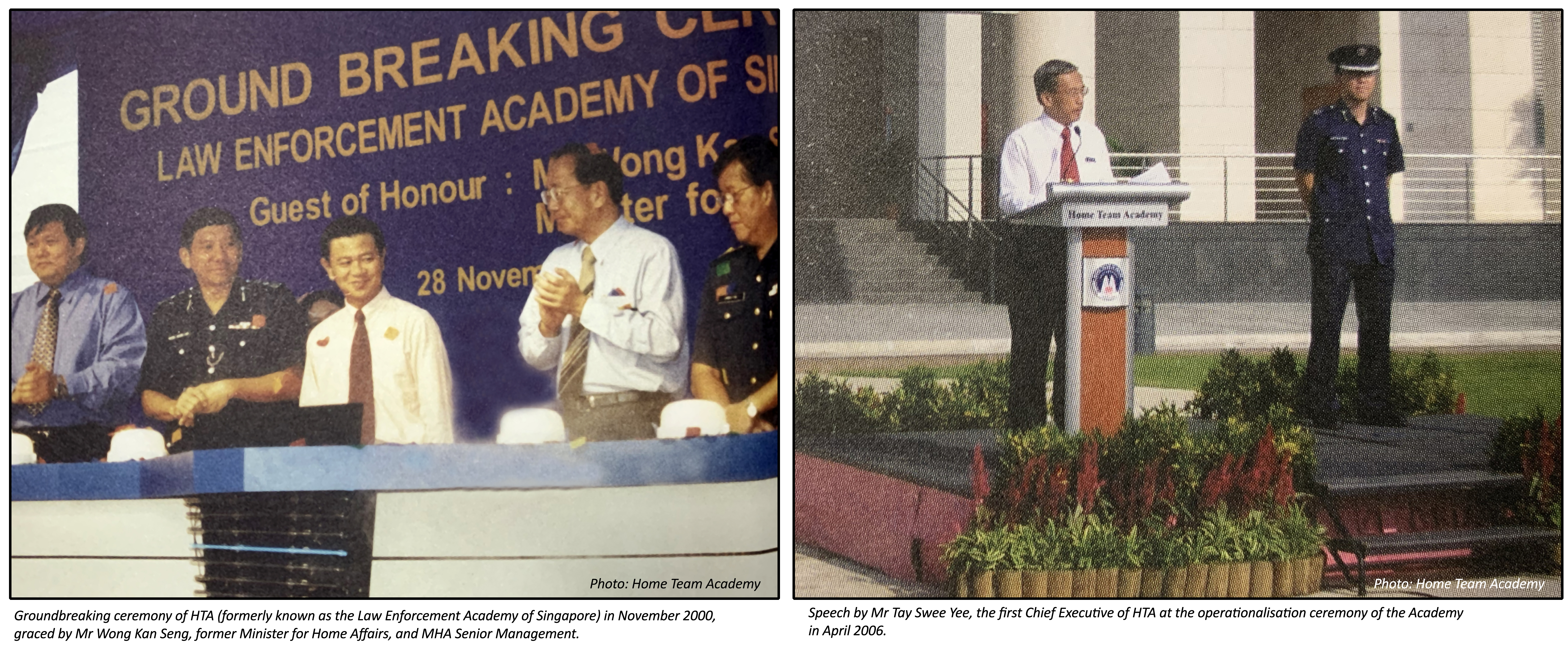 Two panels show HTA ceremonies. One with speakers at a podium, another with speaker and honor guard.