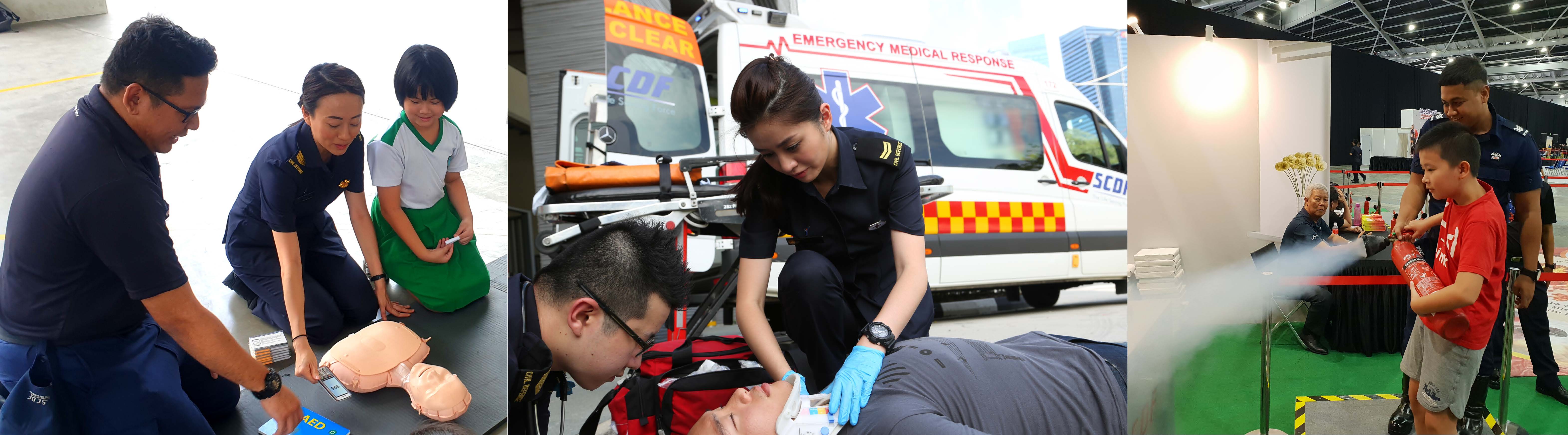 Three panels: CPR training, ambulance, and boy using fire extinguisher with instructor.