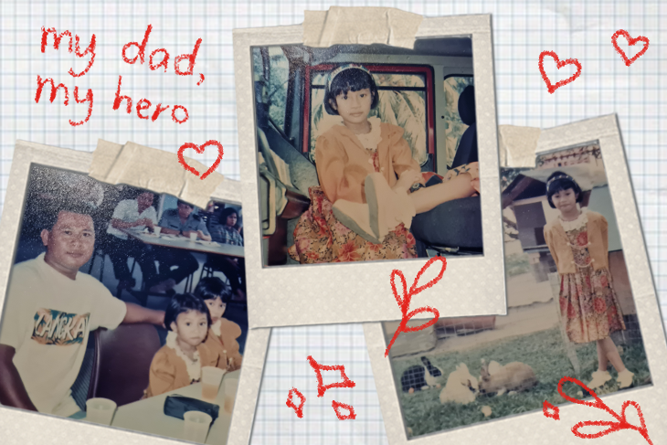 Three taped Polaroid photos of a girl and her father on a grid background.