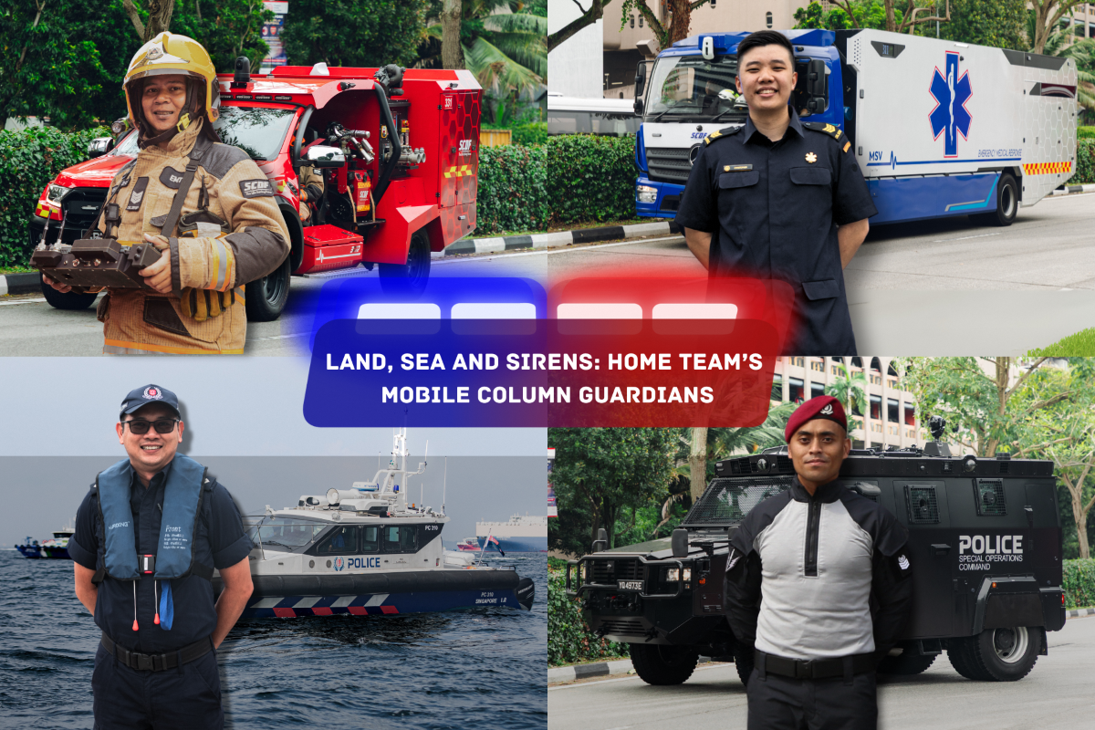 Collage of Singapore first responders: SCDF, police, and medical personnel with their vehicles.