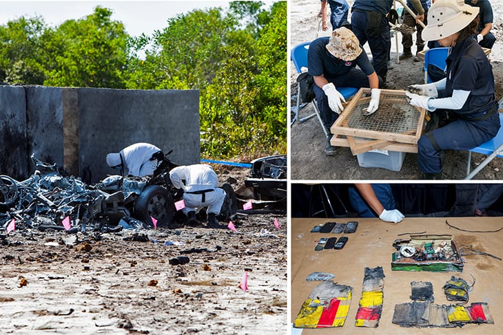 Bomb site: Investigators in protective suits examine wreckage, screen debris, and display evidence including phones and bomb fragments.