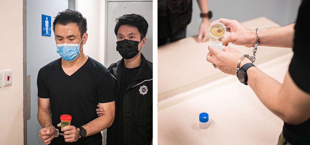 Two-part image: Man in handcuffs escorted and filling a urine sample.