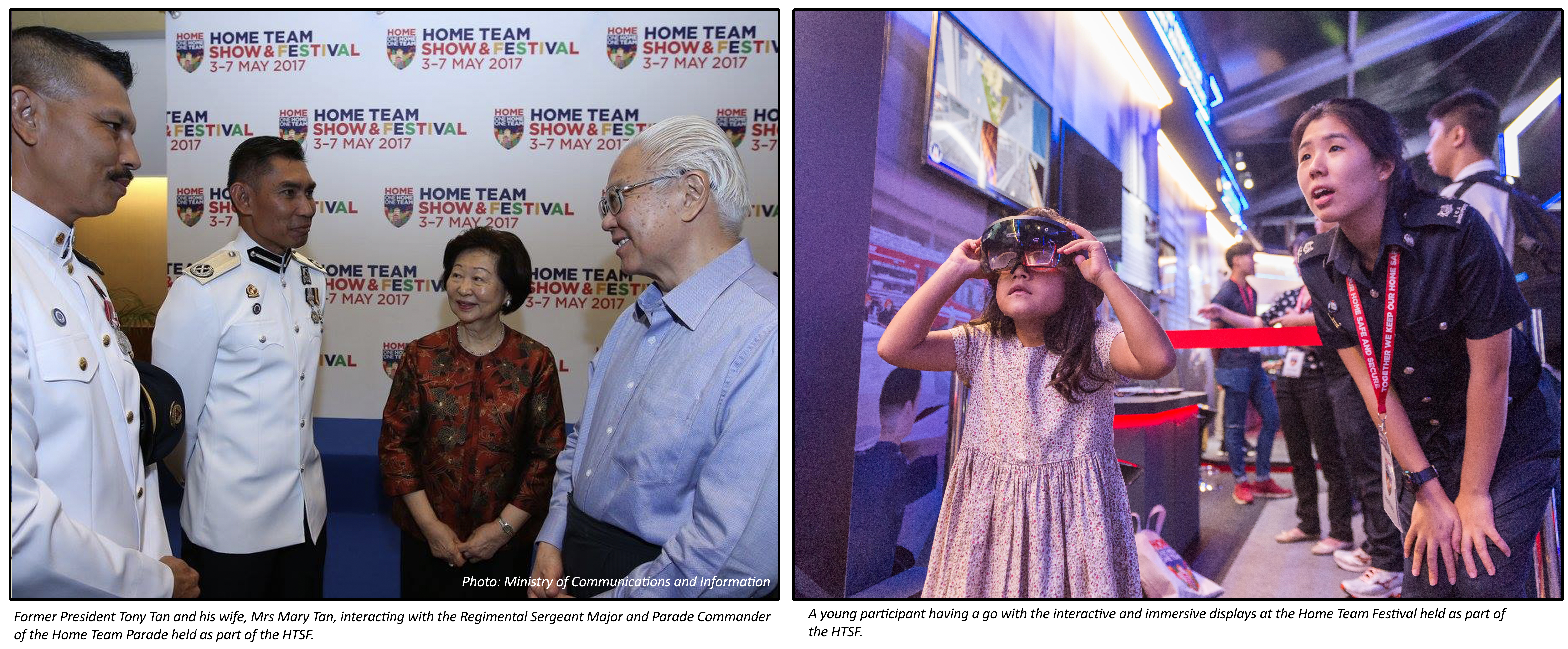 Two-panel image of the Home Team Show & Festival. Officials; child in VR headset; police officer.