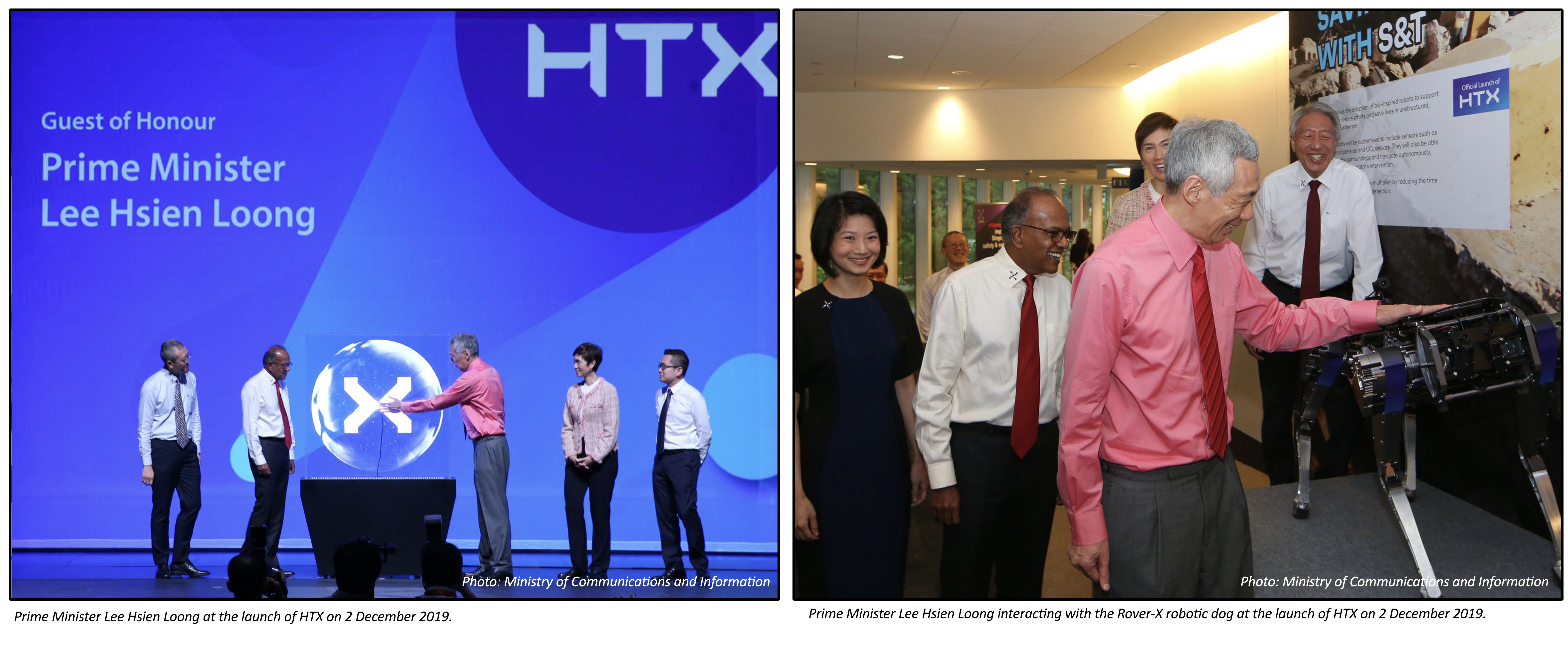 Two scenes: Lee Hsien Loong at the HTX launch, on stage and interacting with Rover-X robotic dog.