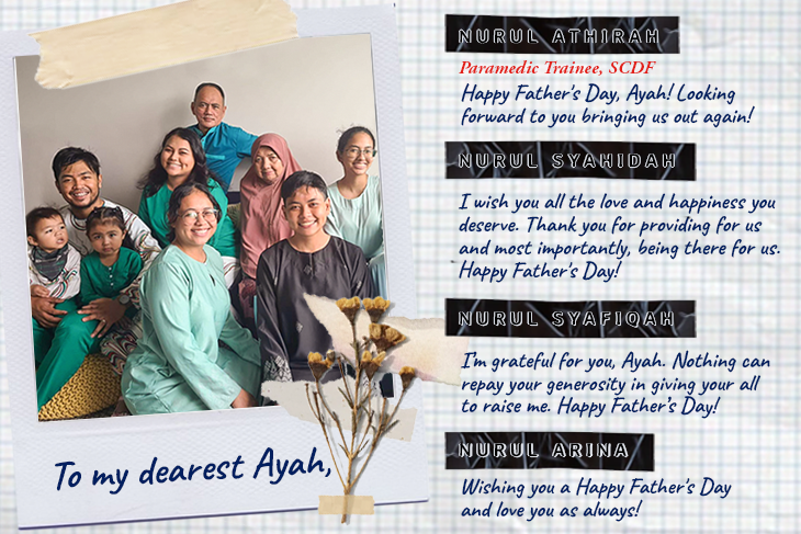 Family photo on patterned card with Father's Day messages from daughters named Nurul.