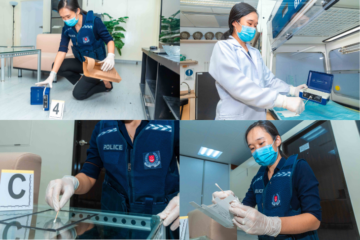 Four images showing a masked forensics investigator at work.