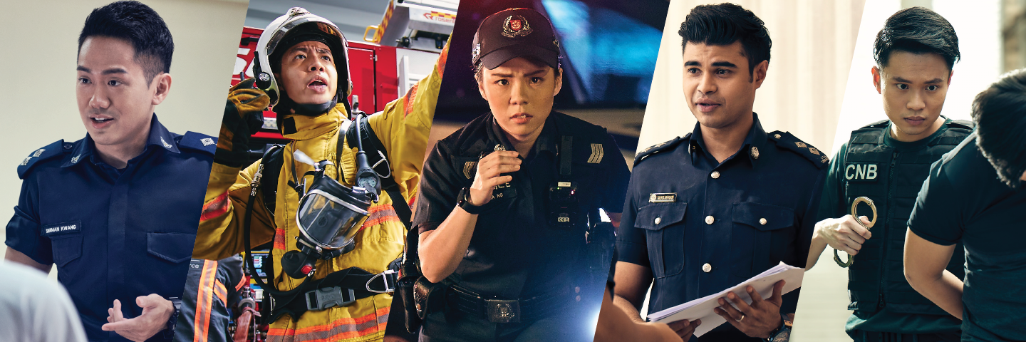 Collage of Singaporean public safety officials: police, firefighter, CNB officer.