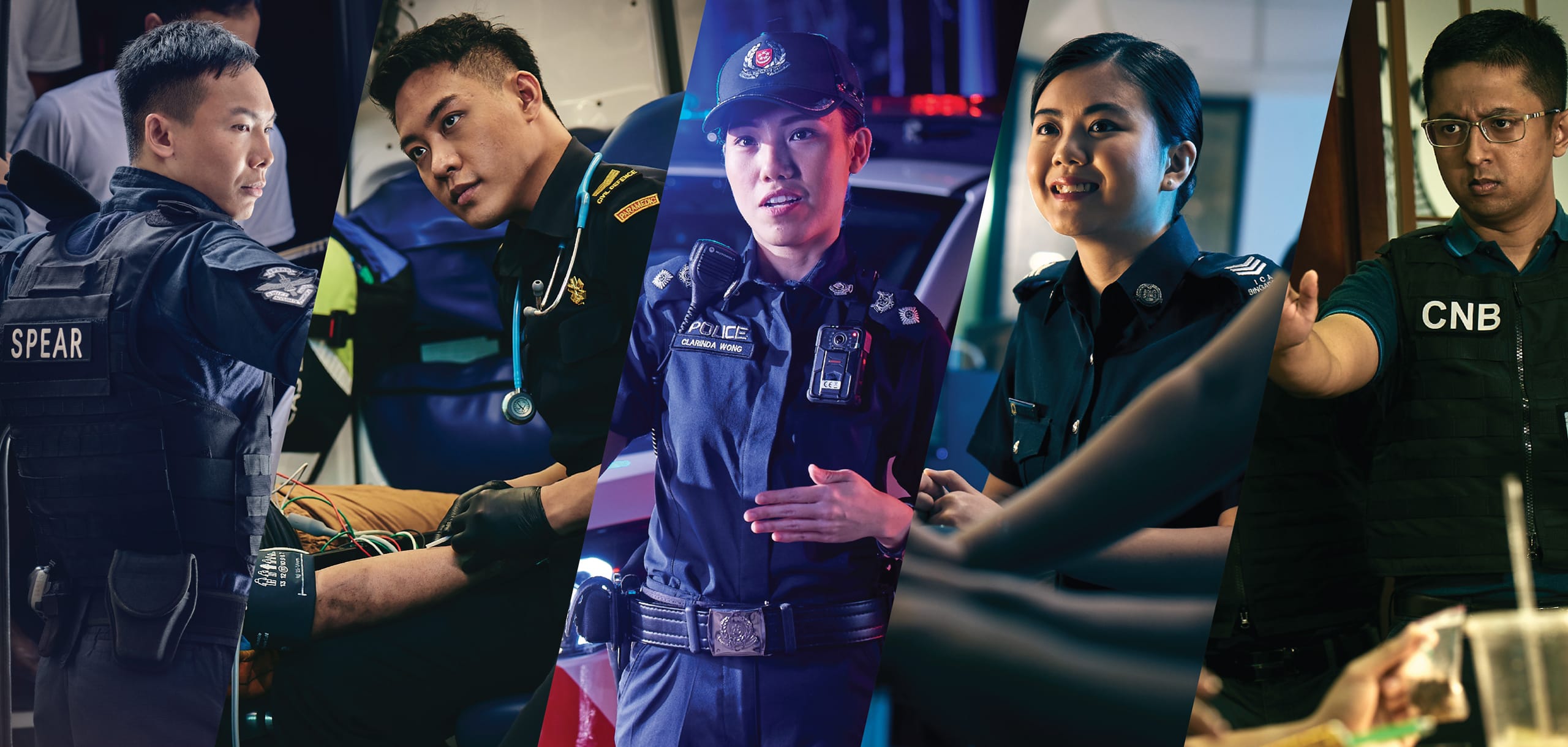 Collage of Singapore officers: SPEAR team, paramedic, police, ICA officer, and CNB officer.