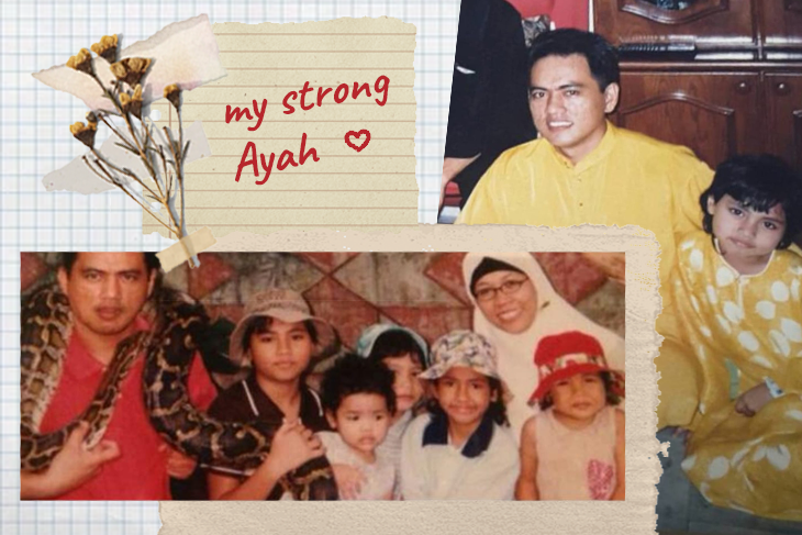 Collage with photos of a man with family, including one with a large python around his neck. "my strong Ayah" text.