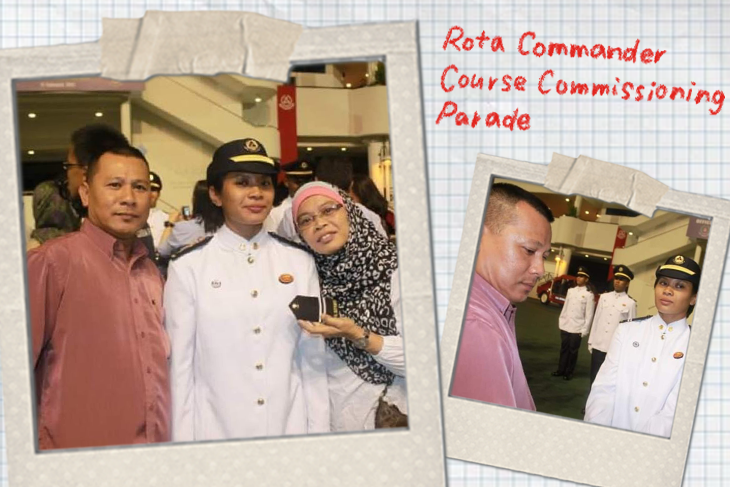 Two photos of a woman in uniform with family; "Rota Commander Course Commissioning Parade" text.